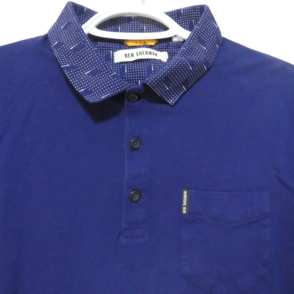 BEN SHERMAN | medium | Men's Blue Short Sleeve Polo Shirt | Contrasting Collar